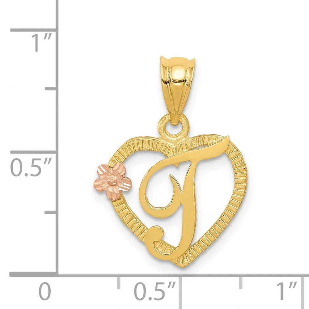 14k Two-Tone Heart Letter T Initial Pendant
