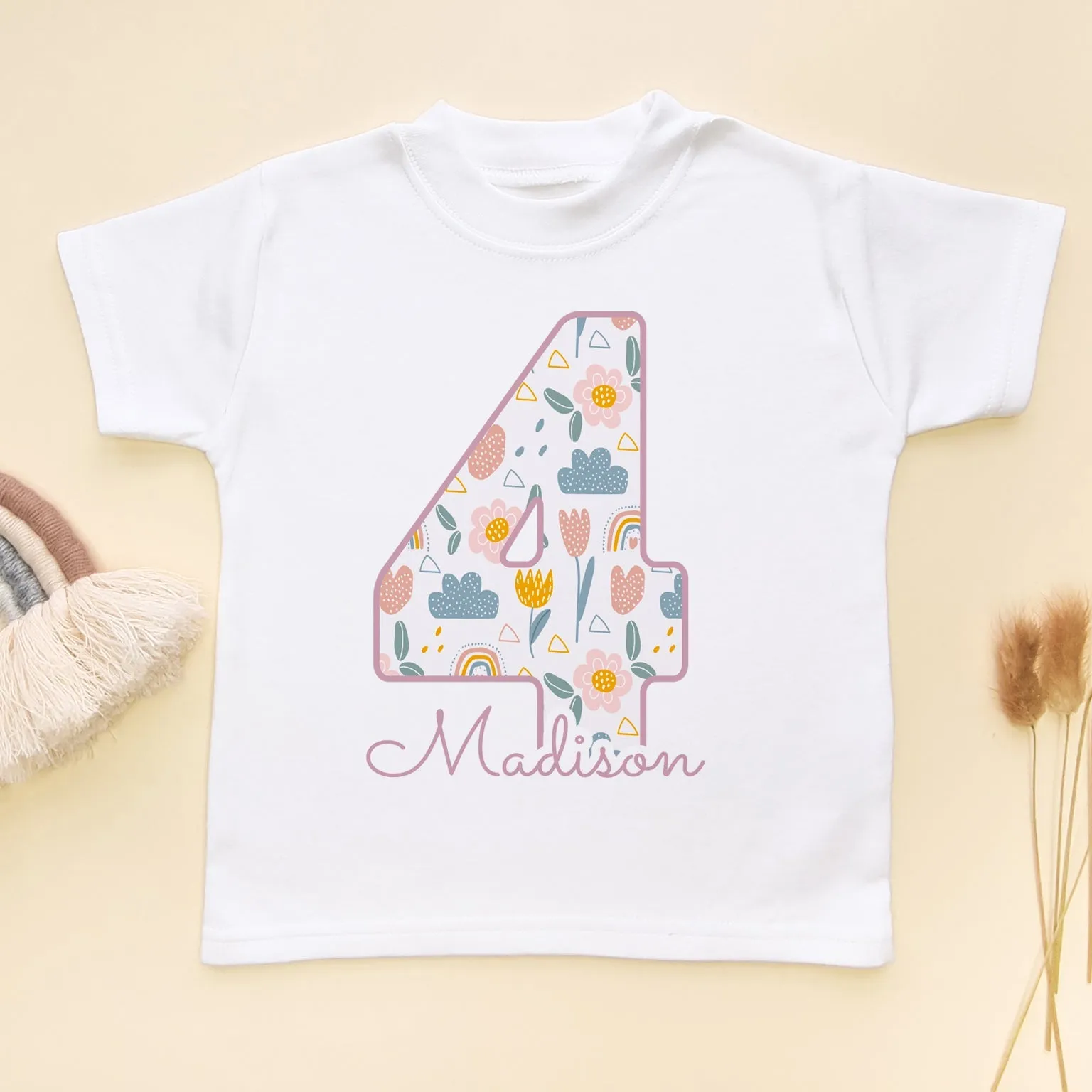 4th Birthday Boho Rainbow Theme Personalised Kids T Shirt