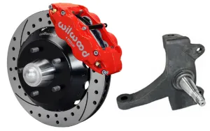 71-72 CHEVY C10 FRONT DISC BRAKE KIT & RIDETECH SPINDLES,13" DRILLED,RED CALIPER
