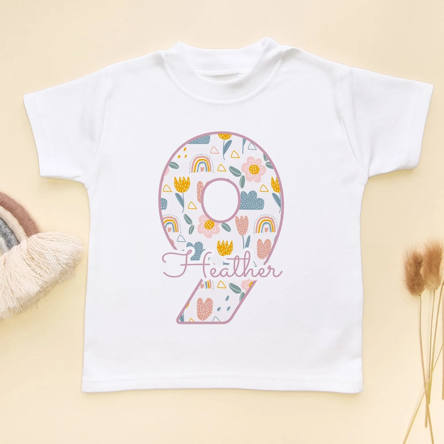 9th Birthday Boho Rainbow Theme Personalised Kids T Shirt