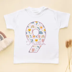 9th Birthday Boho Rainbow Theme Personalised Kids T Shirt