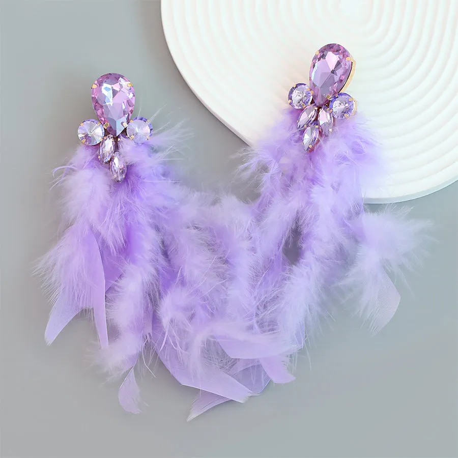 Alloy Inlaid Floral Tassel Bohemian Long Feather Earrings