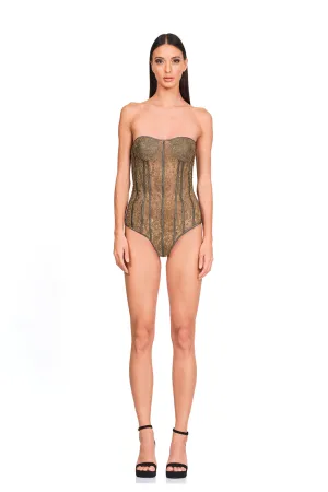 Antique gold embroidered body suit