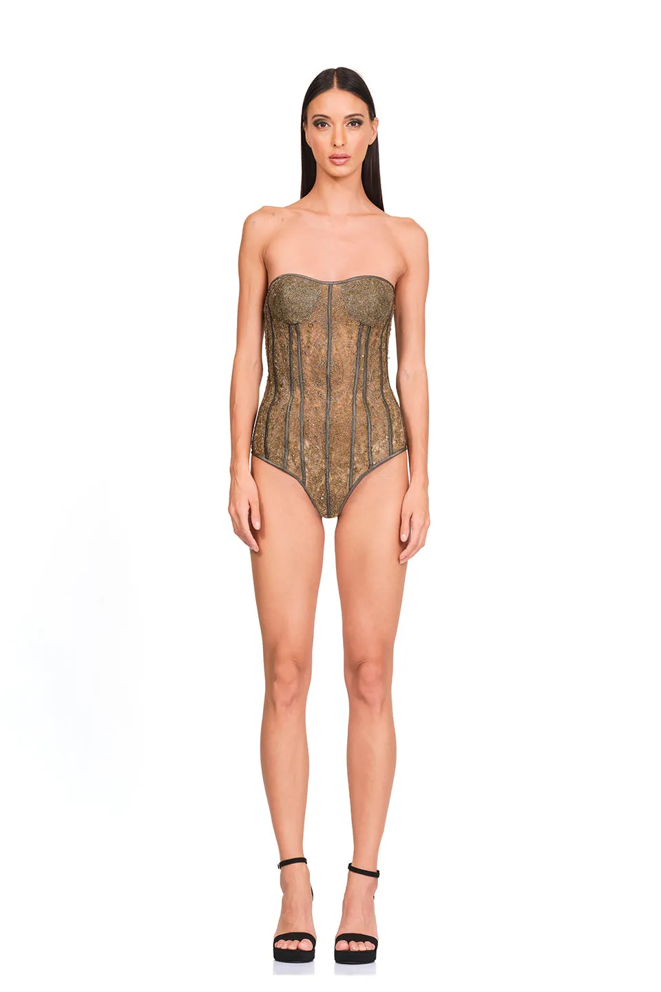 Antique gold embroidered body suit