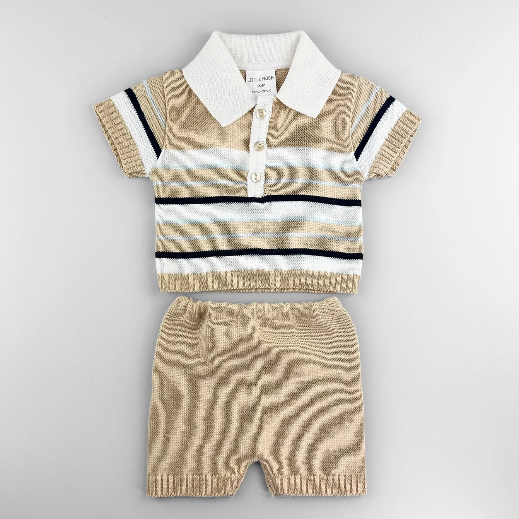Baby Boy Knitted Polo Shirt & Shorts Set – Beige, Blue & White Striped Outfit