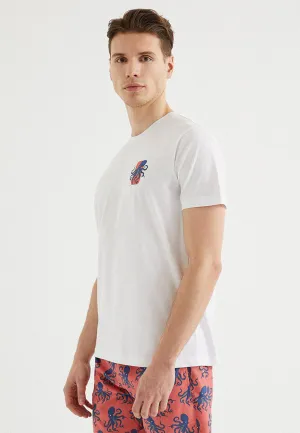 Beyaz Baskılı Bisiklet Yaka Pamuklu Regular Fit Erkek T-Shirt OCTOPUS