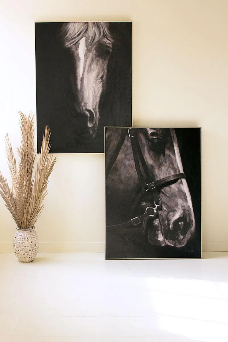 Black and White Front View Horse Oil Painting with Silver Frame