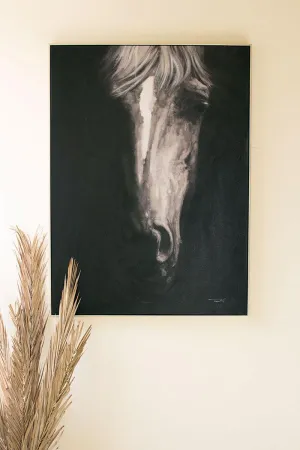 Black and White Front View Horse Oil Painting with Silver Frame
