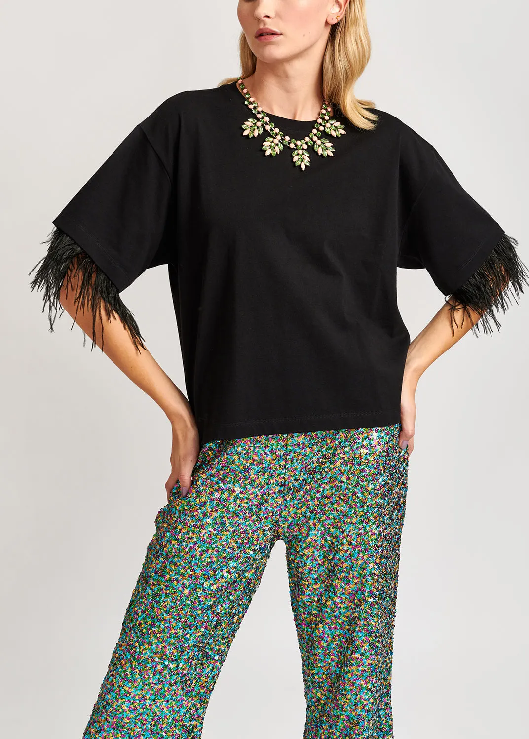 Black cotton-jersey t-shirt with feather trims