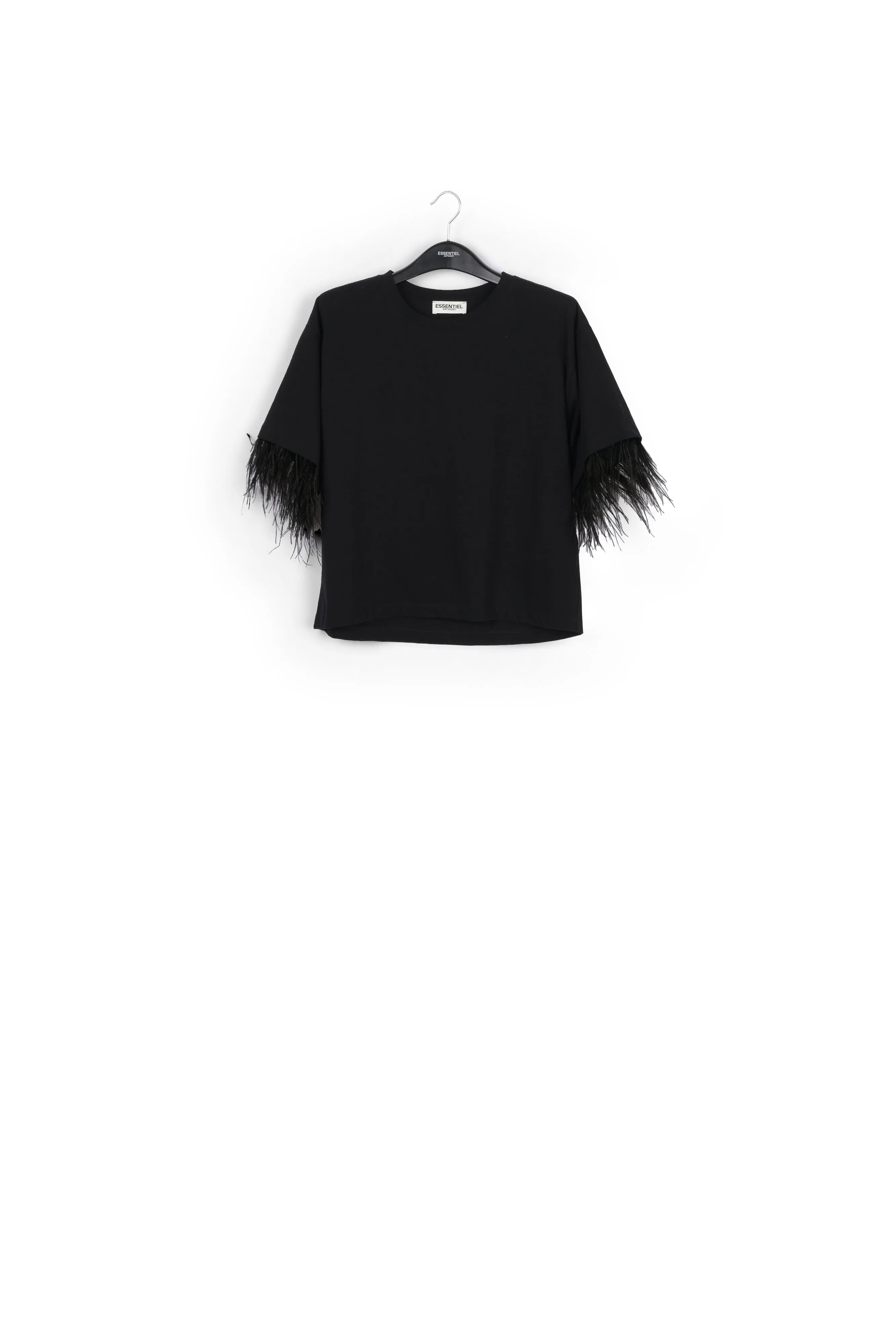 Black cotton-jersey t-shirt with feather trims
