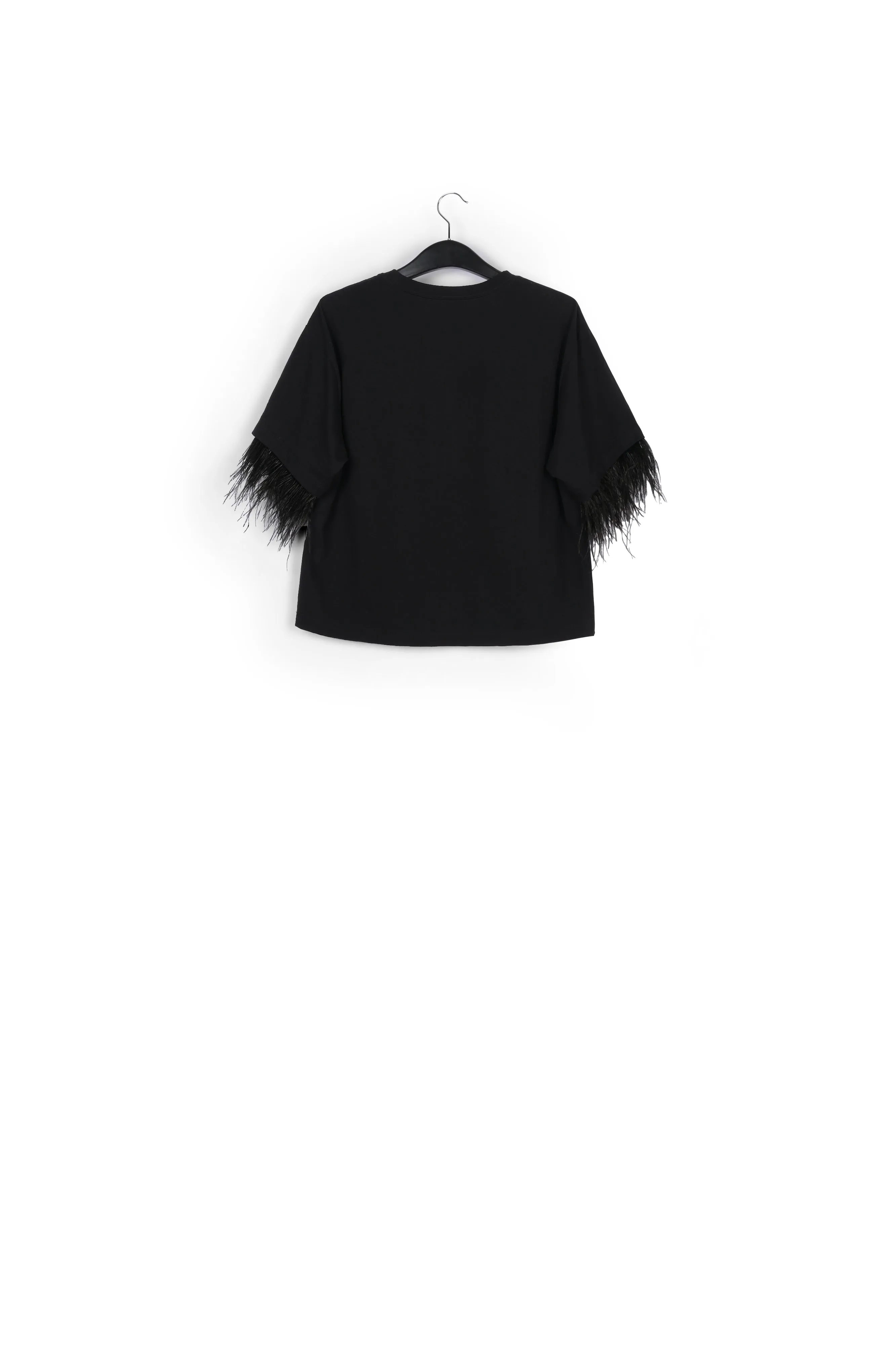 Black cotton-jersey t-shirt with feather trims