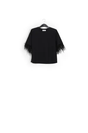 Black cotton-jersey t-shirt with feather trims