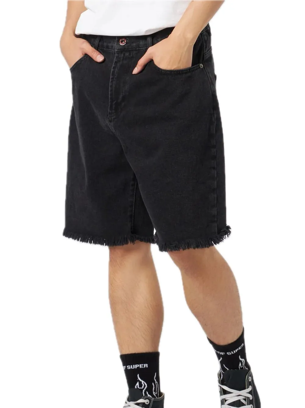 Black Denim Shorts With Printed Flames And Logo