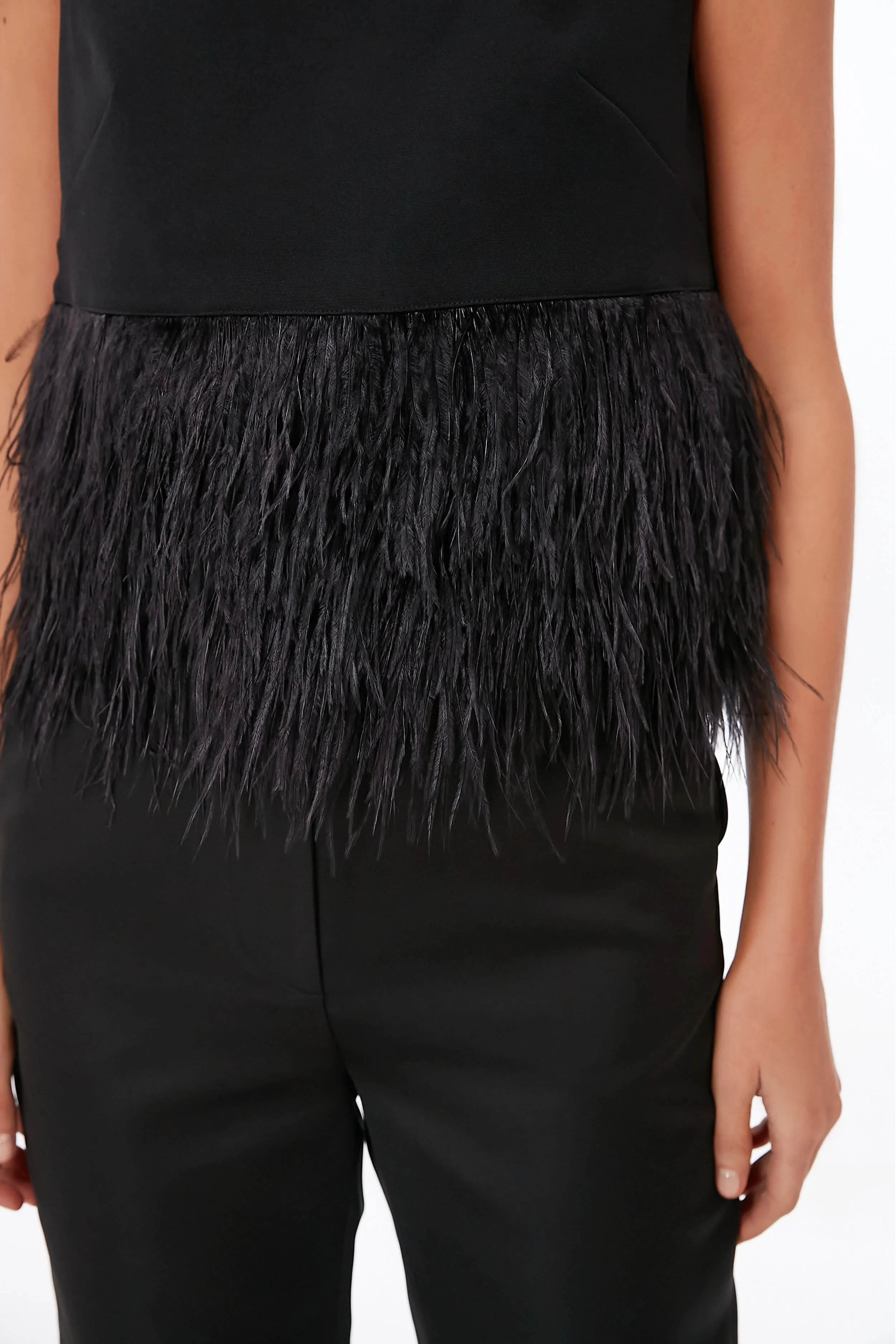 Black Feather Trim Crepe Top