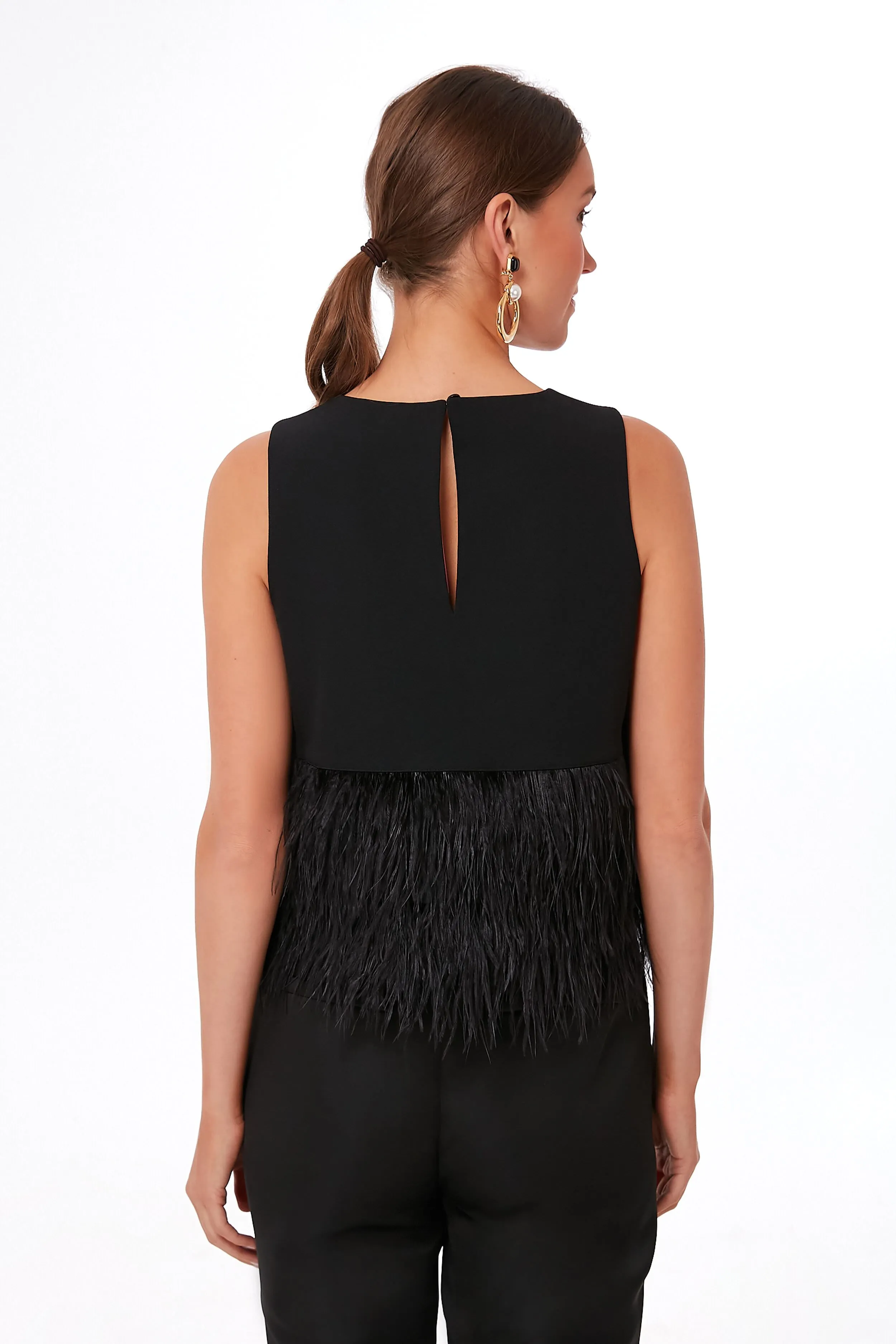 Black Feather Trim Crepe Top