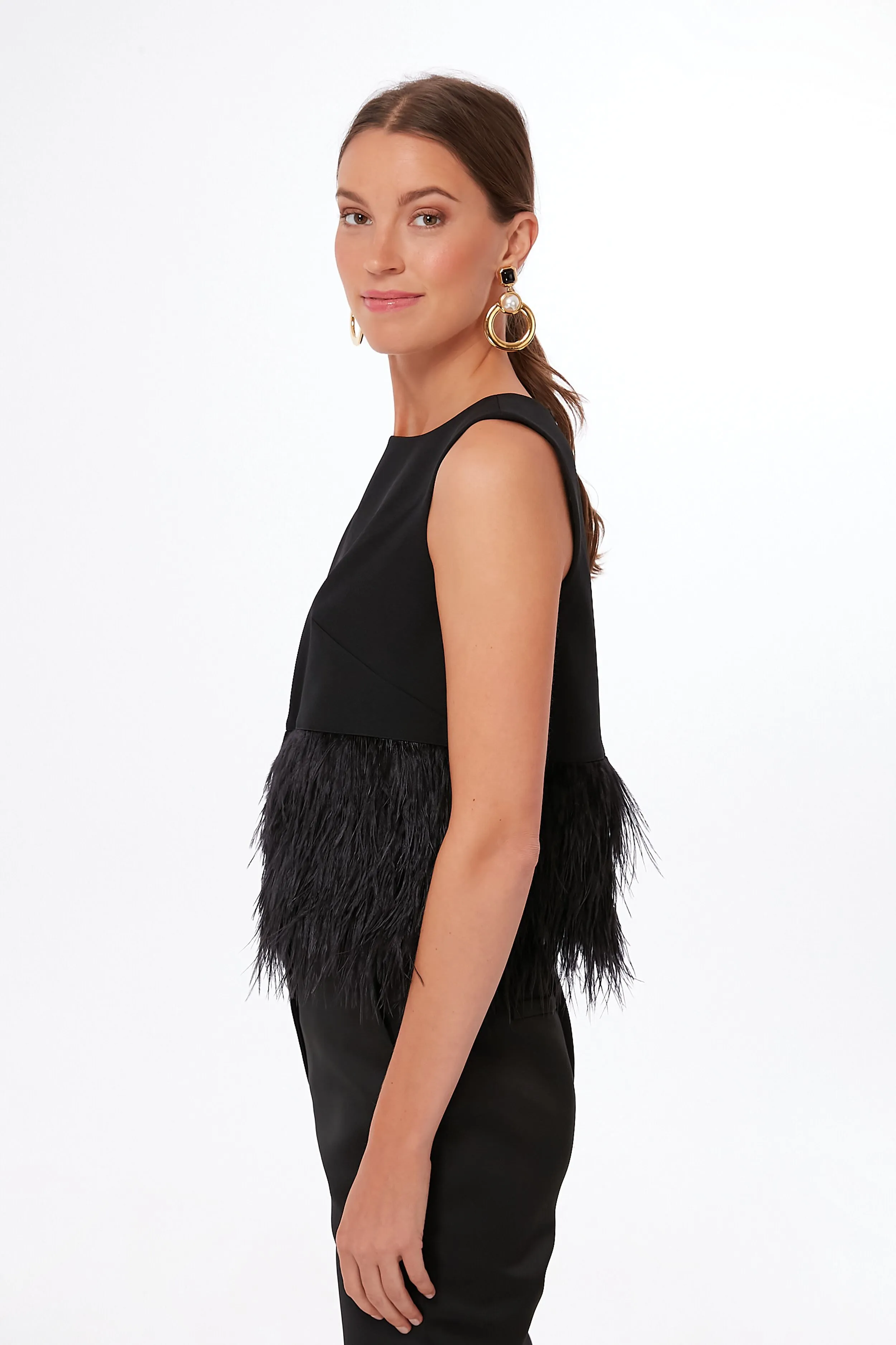 Black Feather Trim Crepe Top