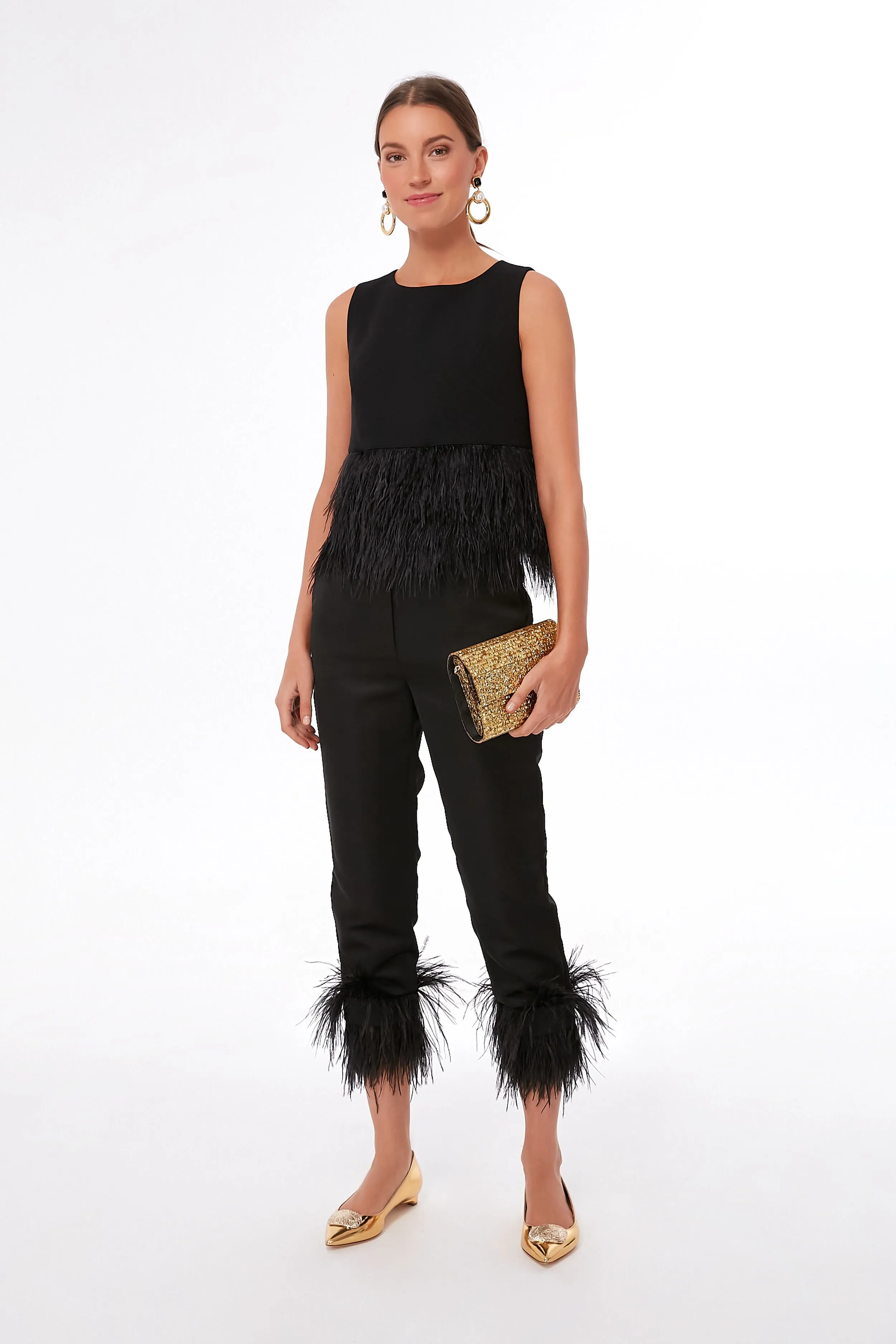 Black Feather Trim Crepe Top