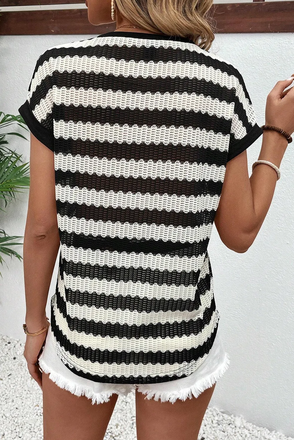Black Stripe  Textured Batwing Sleeve Casual T-Shirt