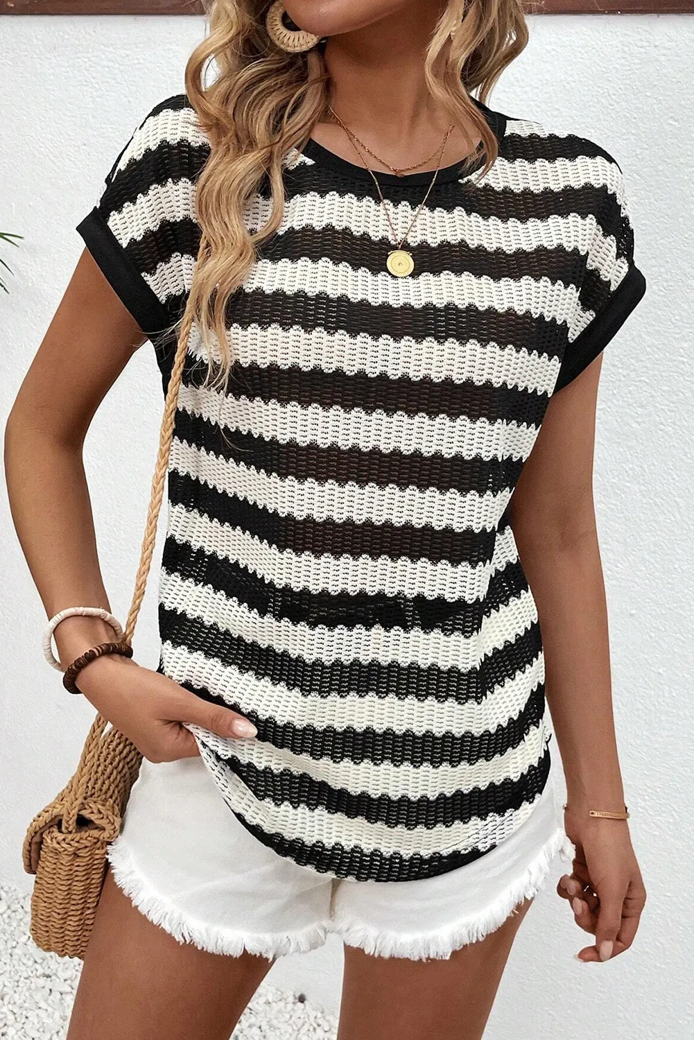 Black Stripe  Textured Batwing Sleeve Casual T-Shirt