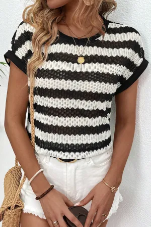 Black Stripe  Textured Batwing Sleeve Casual T-Shirt