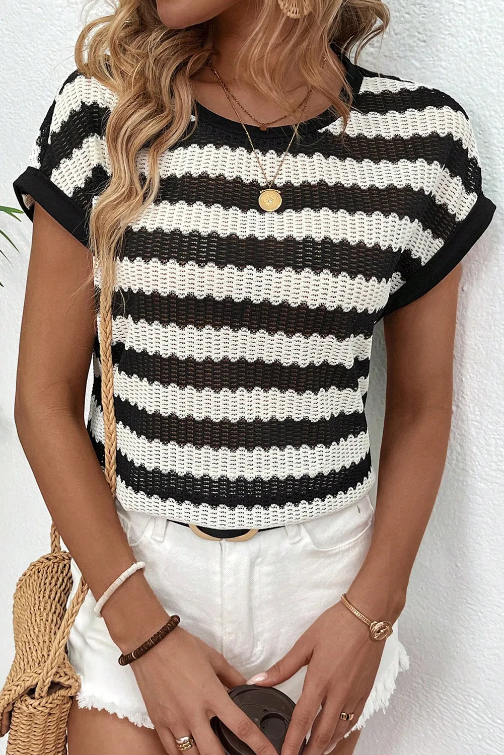 Black Stripe  Textured Batwing Sleeve Casual T-Shirt