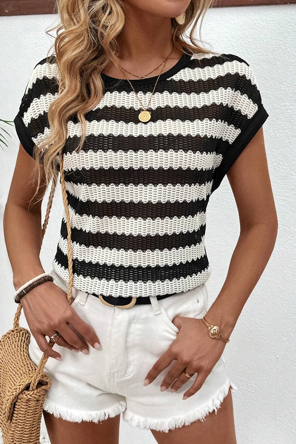 Black Stripe  Textured Batwing Sleeve Casual T-Shirt