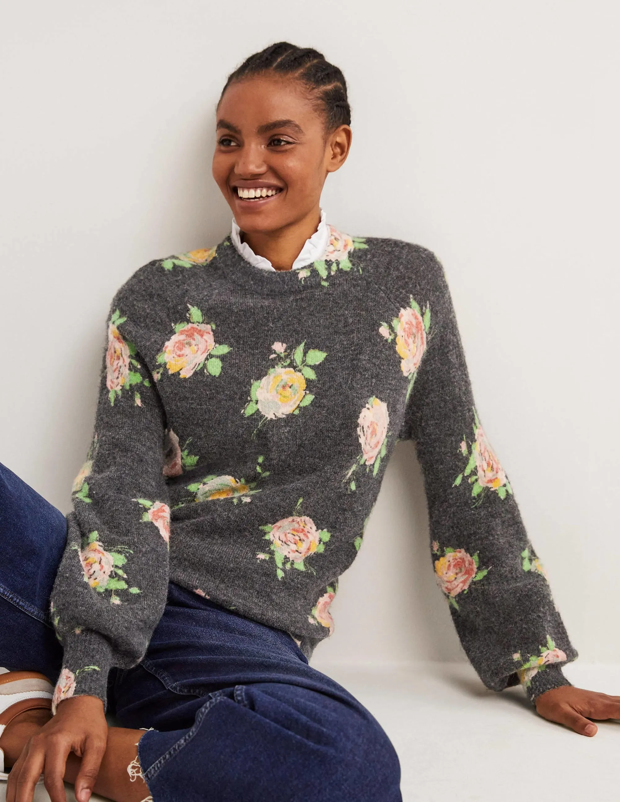Blouson Sleeve Fluffy Jumper-Black, Painterly Rose
