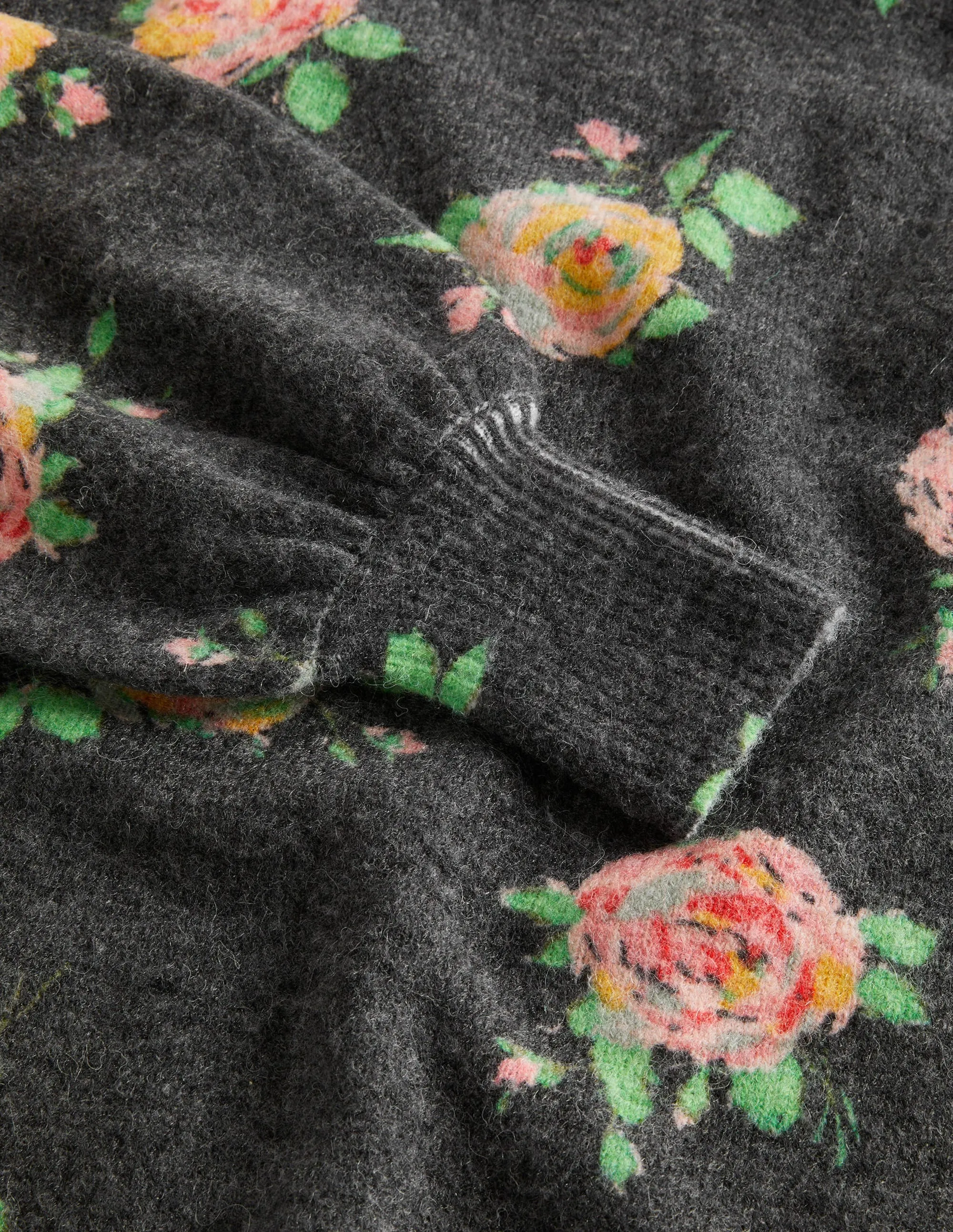 Blouson Sleeve Fluffy Jumper-Black, Painterly Rose