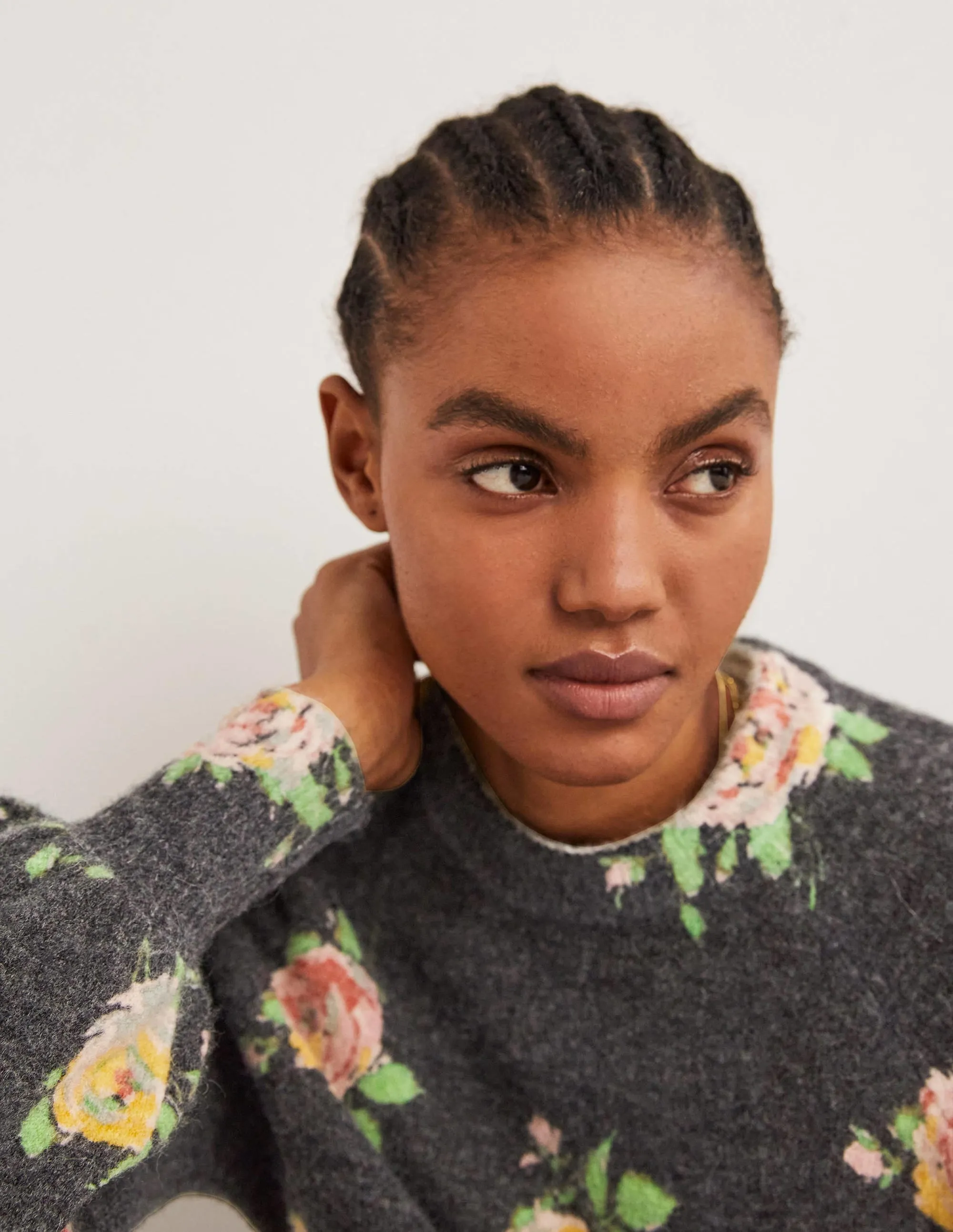 Blouson Sleeve Fluffy Jumper-Black, Painterly Rose