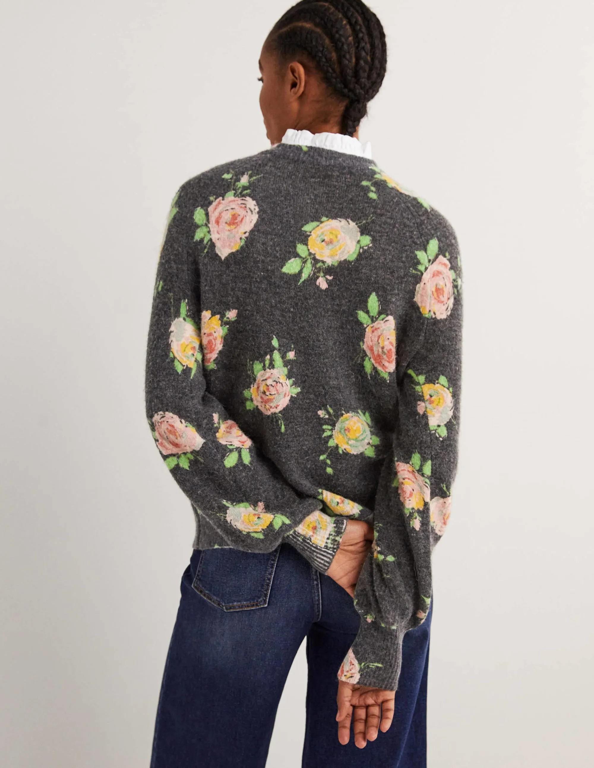 Blouson Sleeve Fluffy Jumper-Black, Painterly Rose