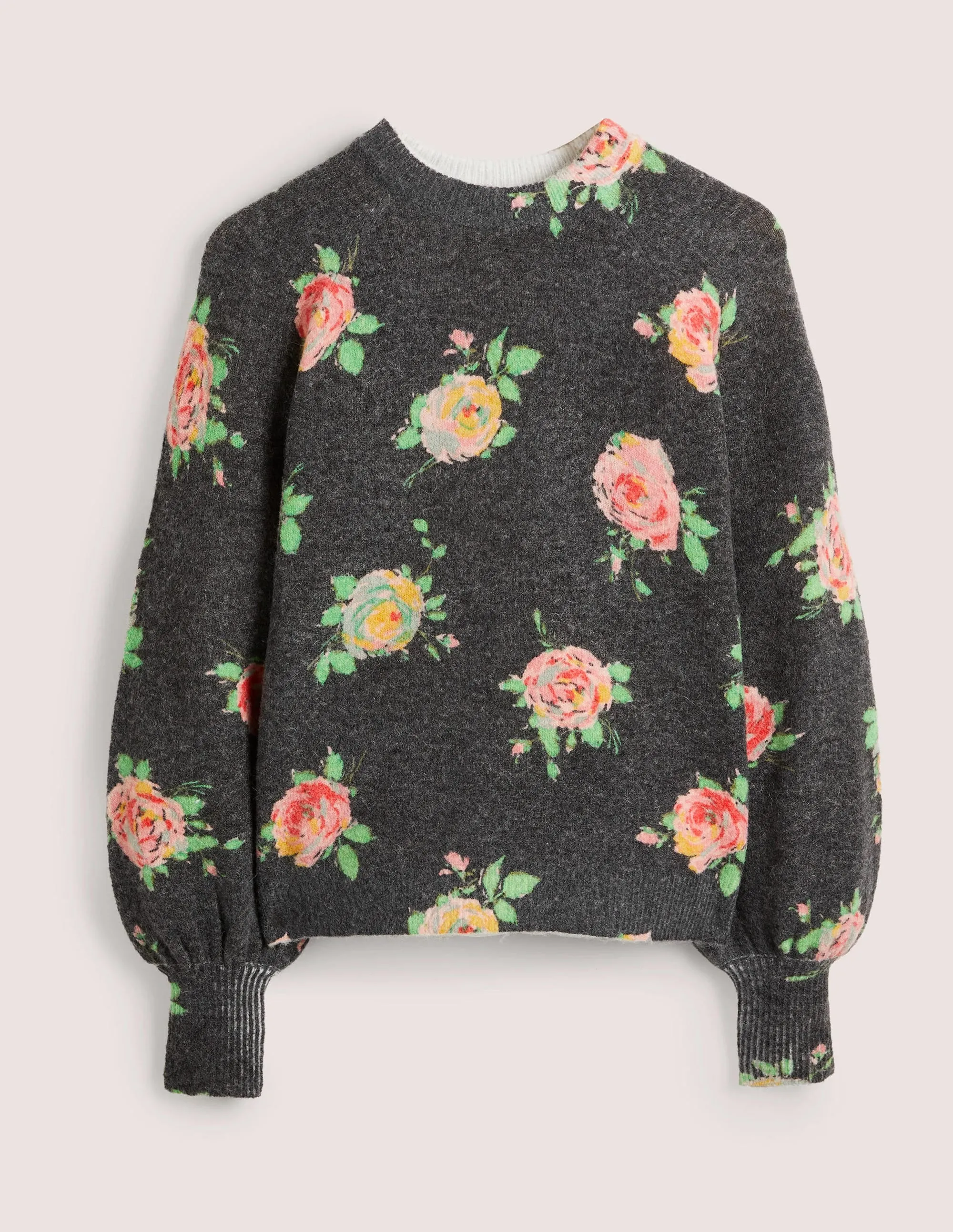 Blouson Sleeve Fluffy Jumper-Black, Painterly Rose