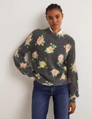 Blouson Sleeve Fluffy Jumper-Black, Painterly Rose