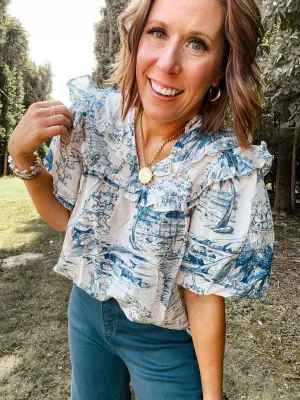 Blue Toile Palms Print Blouse