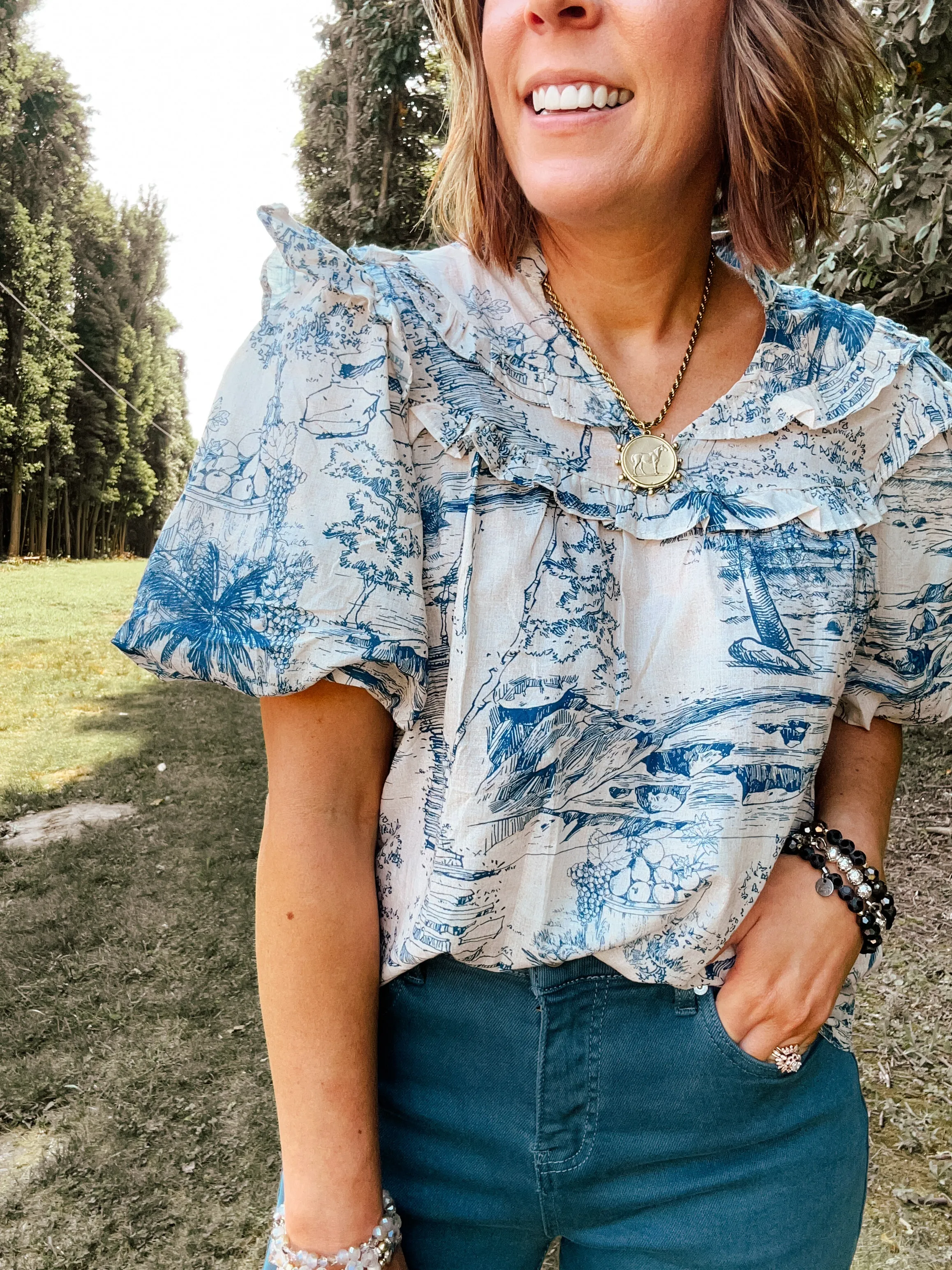 Blue Toile Palms Print Blouse