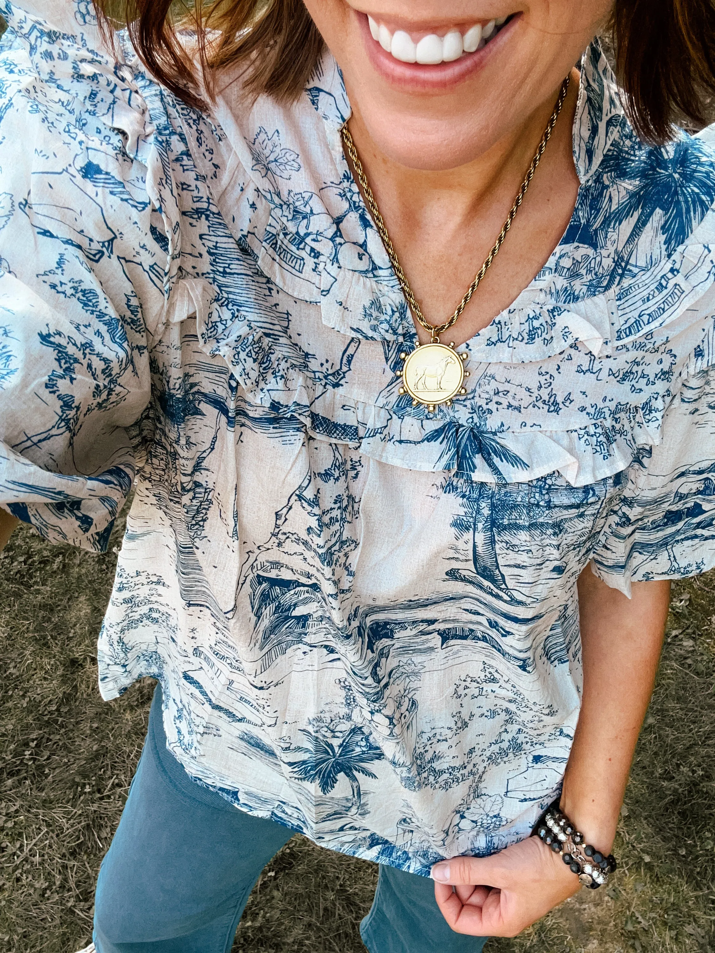 Blue Toile Palms Print Blouse