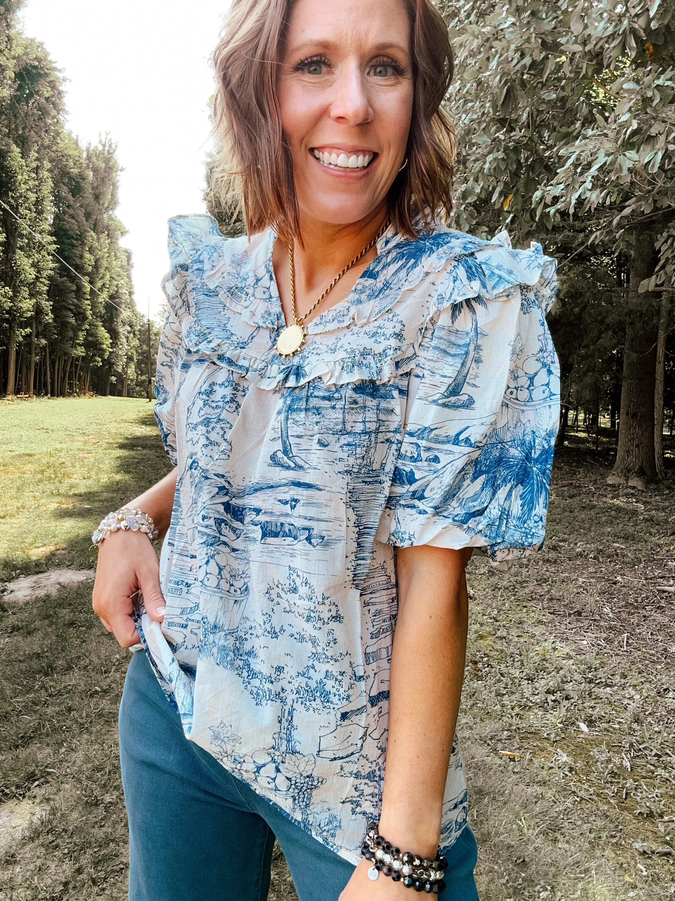 Blue Toile Palms Print Blouse