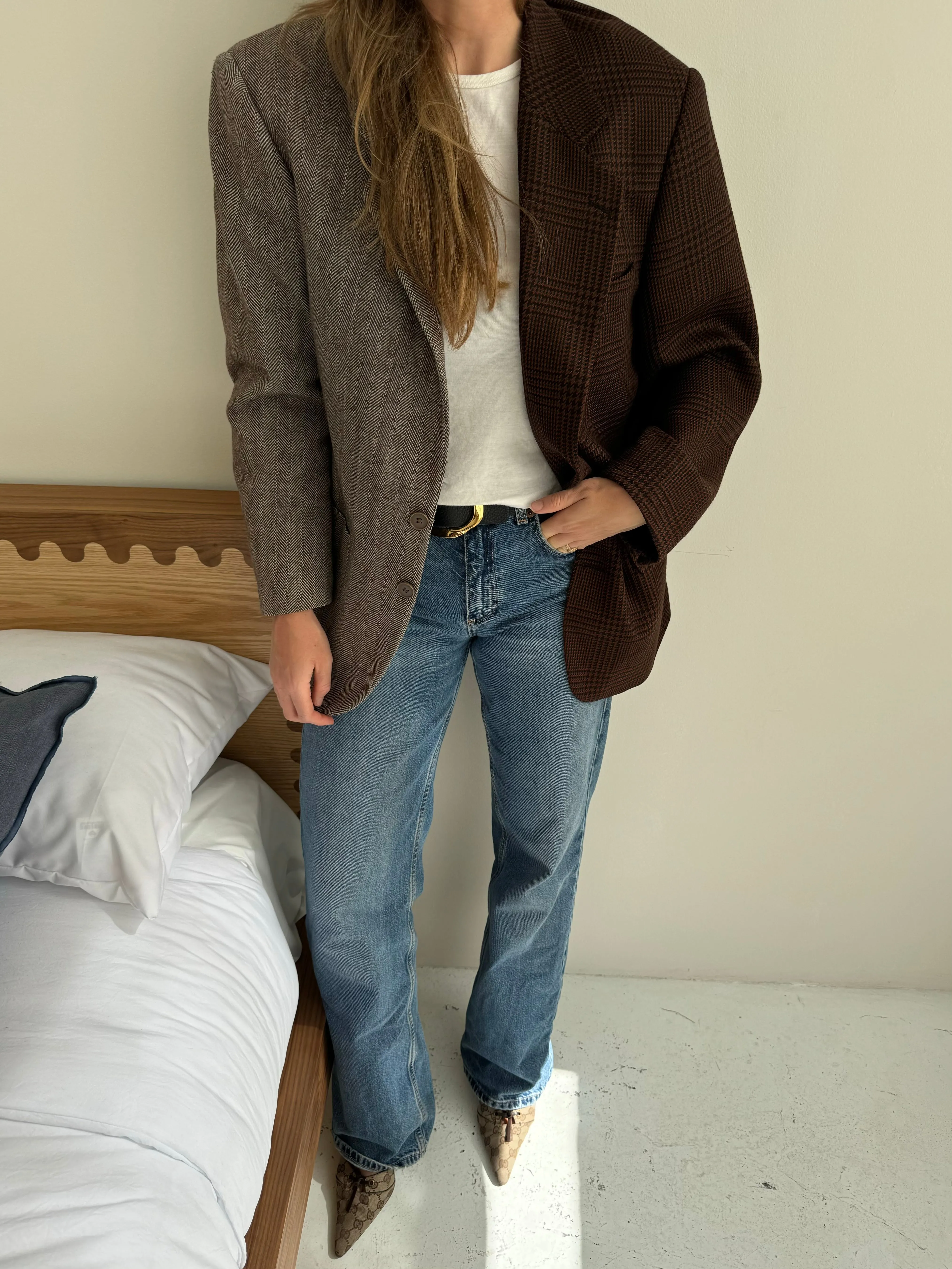Burgundy plaid and brown herringbone contrasted blazer