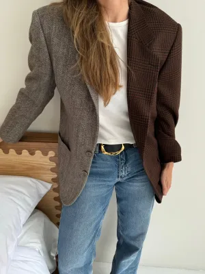 Burgundy plaid and brown herringbone contrasted blazer