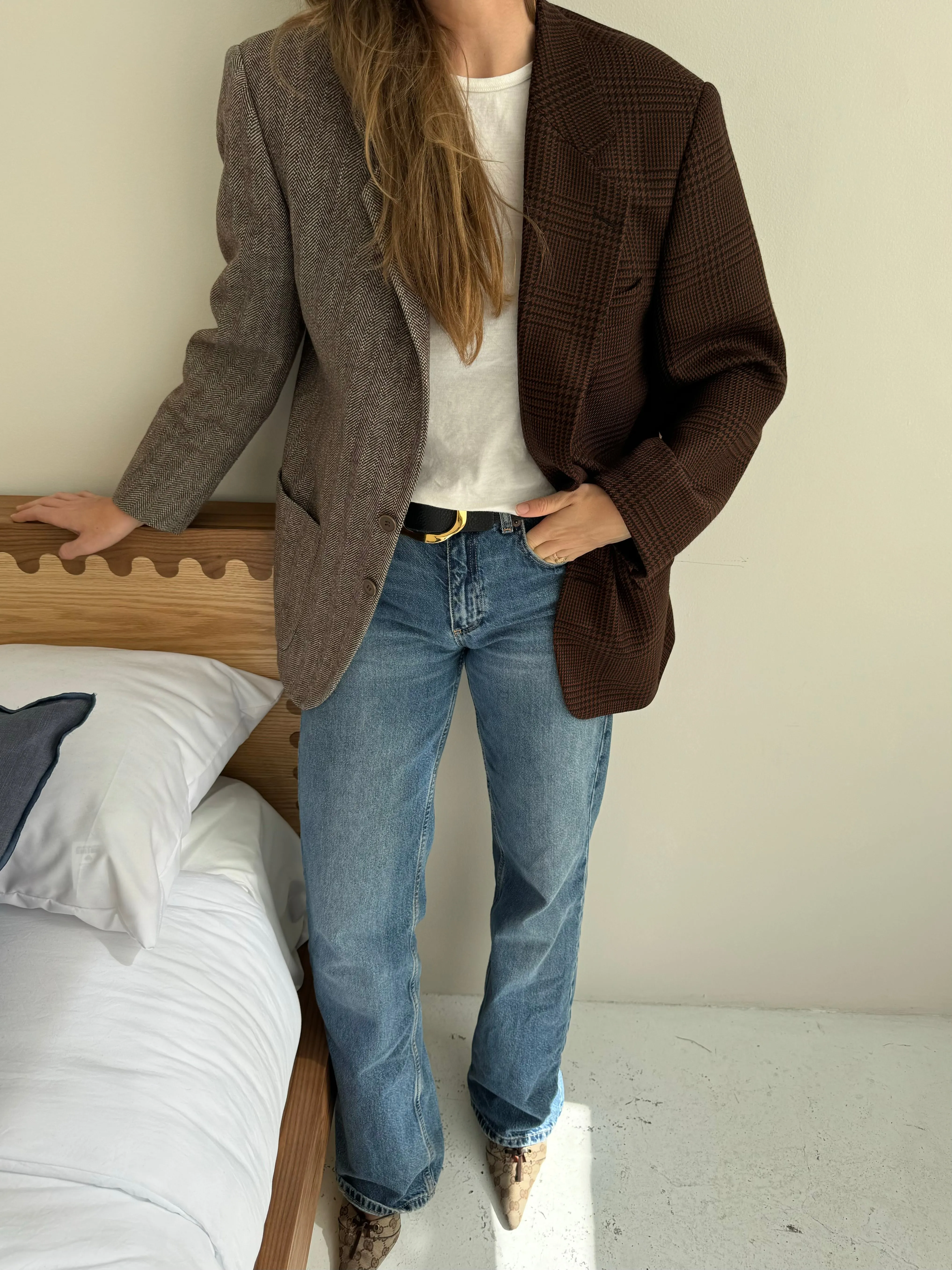 Burgundy plaid and brown herringbone contrasted blazer