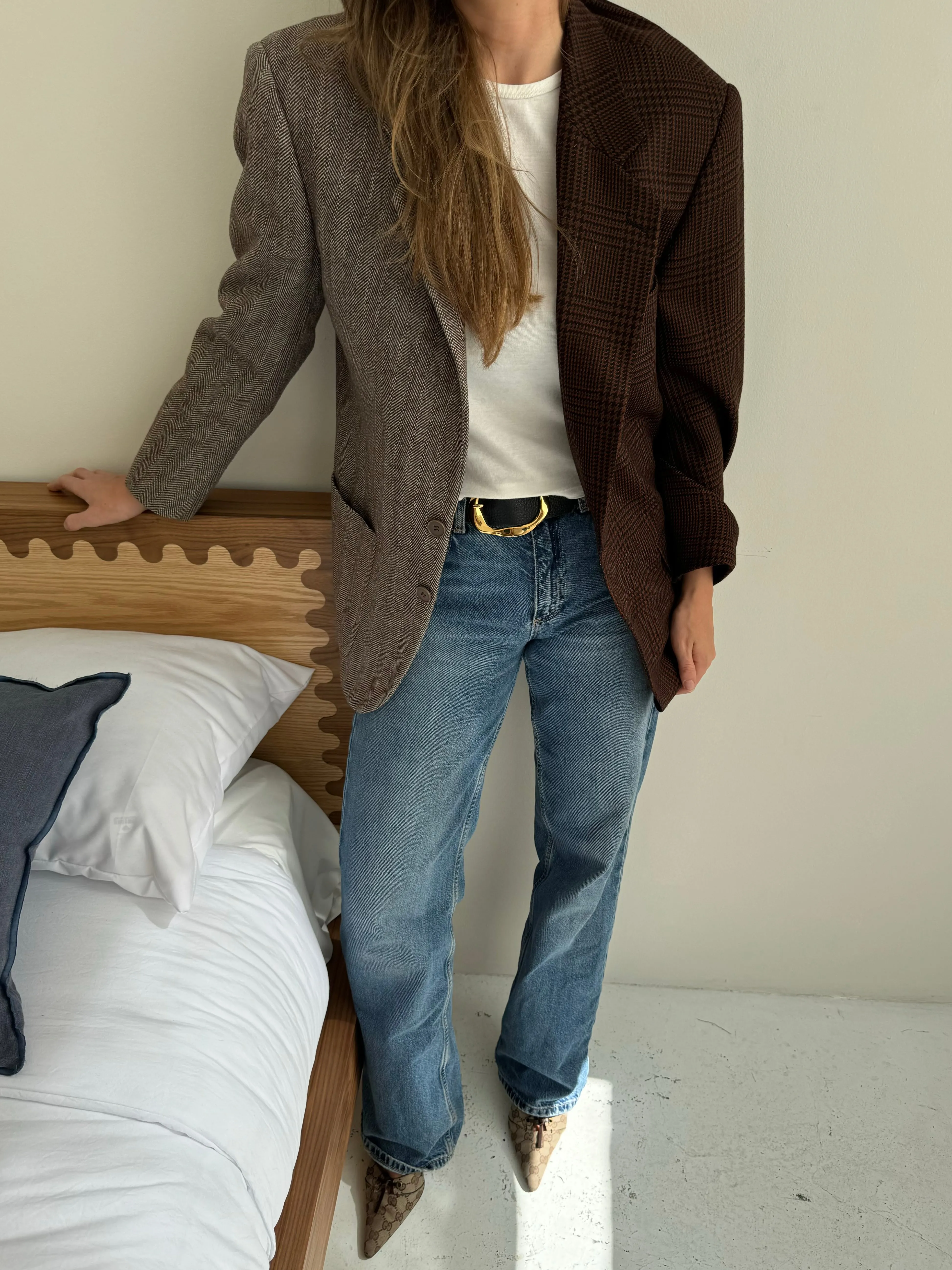 Burgundy plaid and brown herringbone contrasted blazer