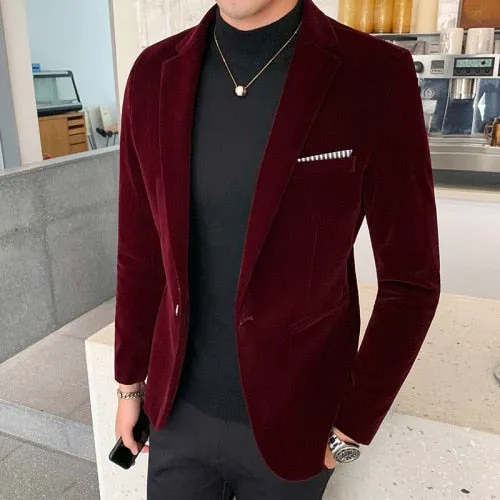 Burgundy Velvet Blazers for Men Fashion Casual Suits