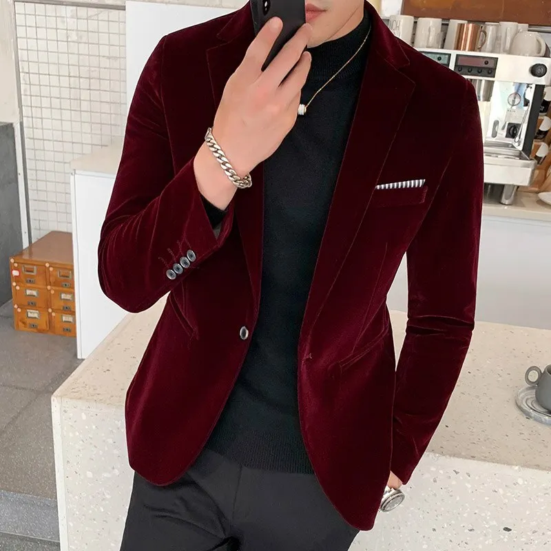 Burgundy Velvet Blazers for Men Fashion Casual Suits