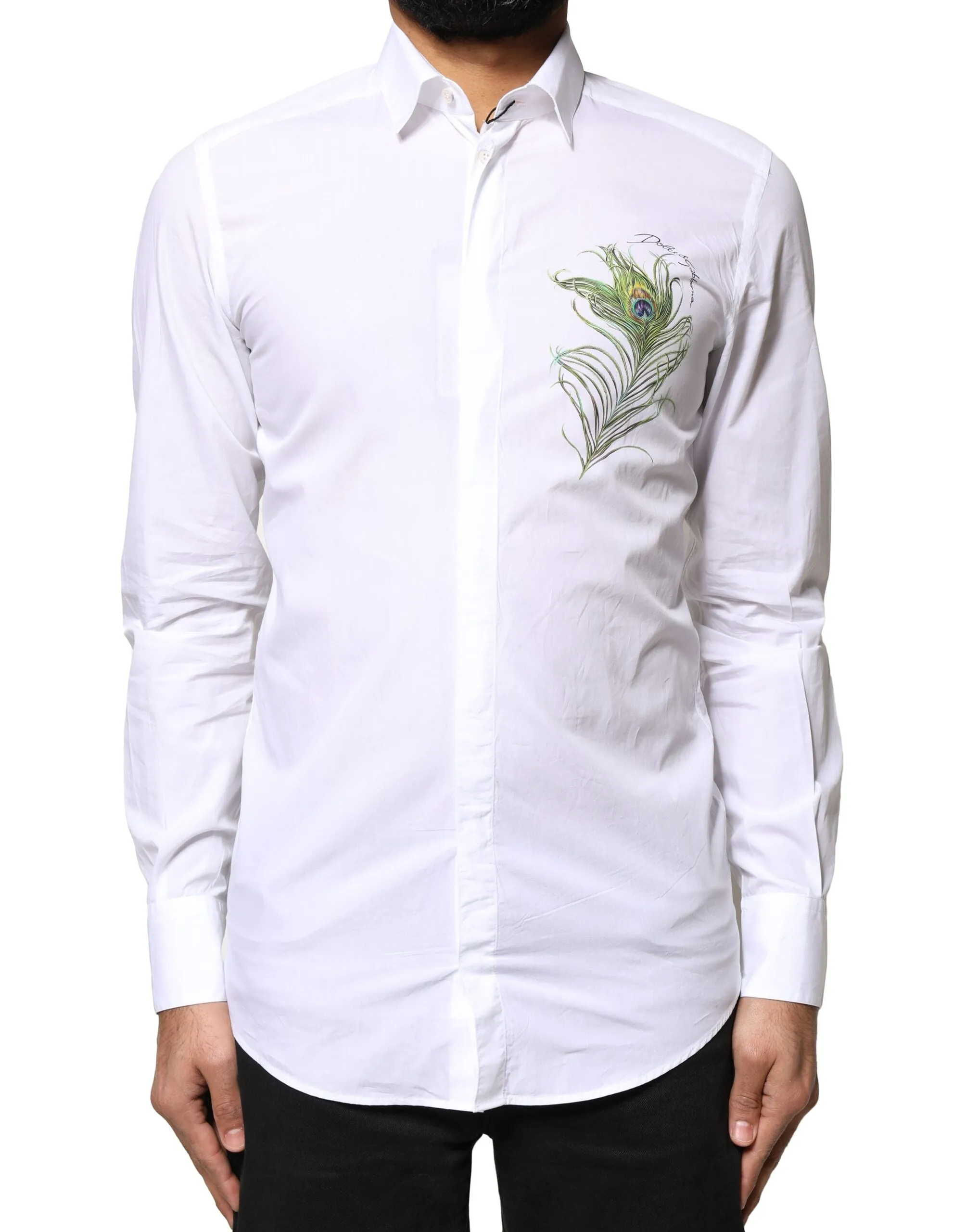 Dolce & Gabbana White Cotton Peacock Feather GOLD Formal Shirt