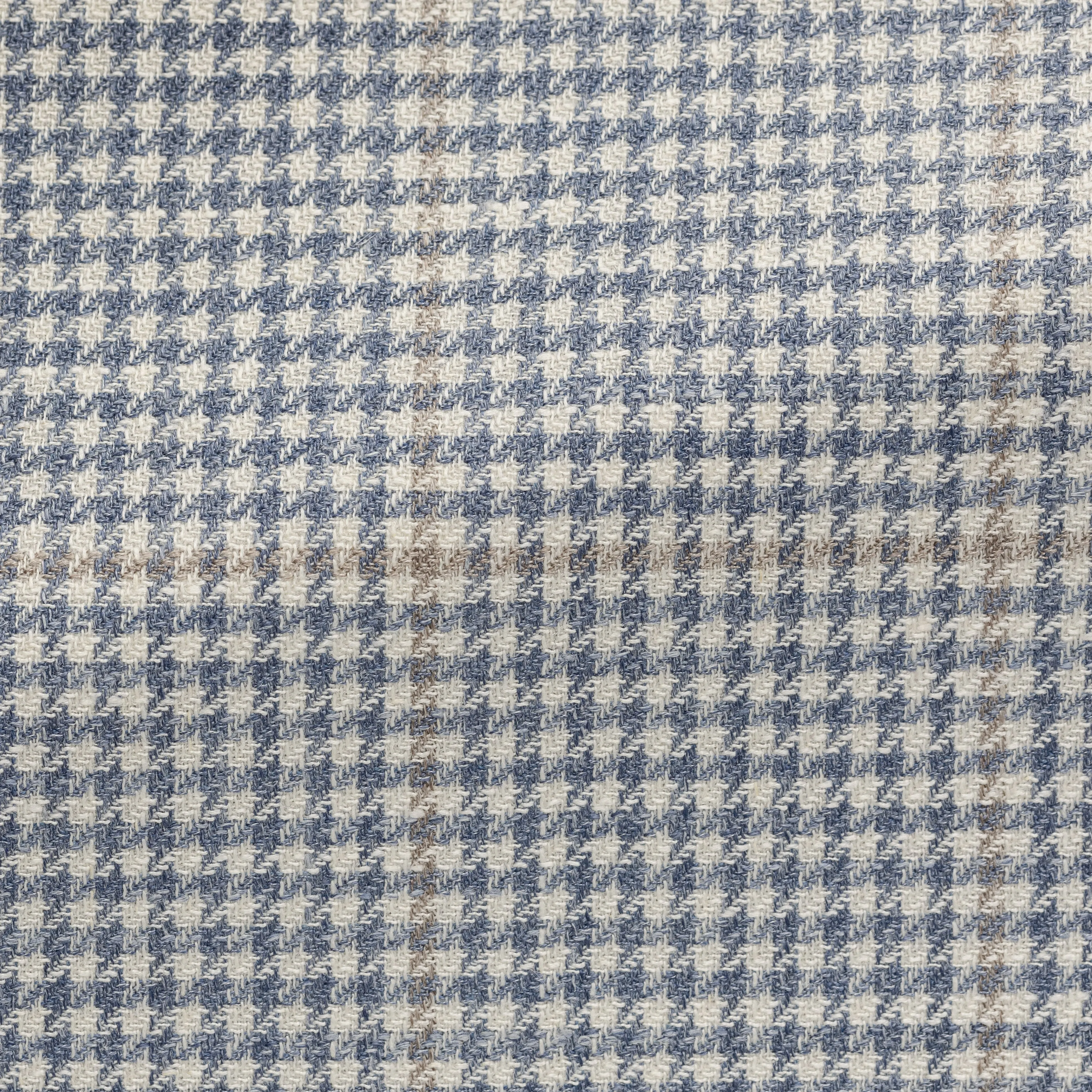 Drago Storm Blue & Ivory Wool, Silk & Linen Lightweight Houndstooth with Sand Windowpane