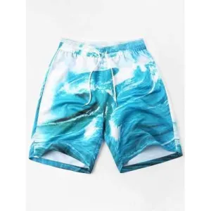 Drawstring Sea Wave Print Beach Shorts - Jeans Blue M