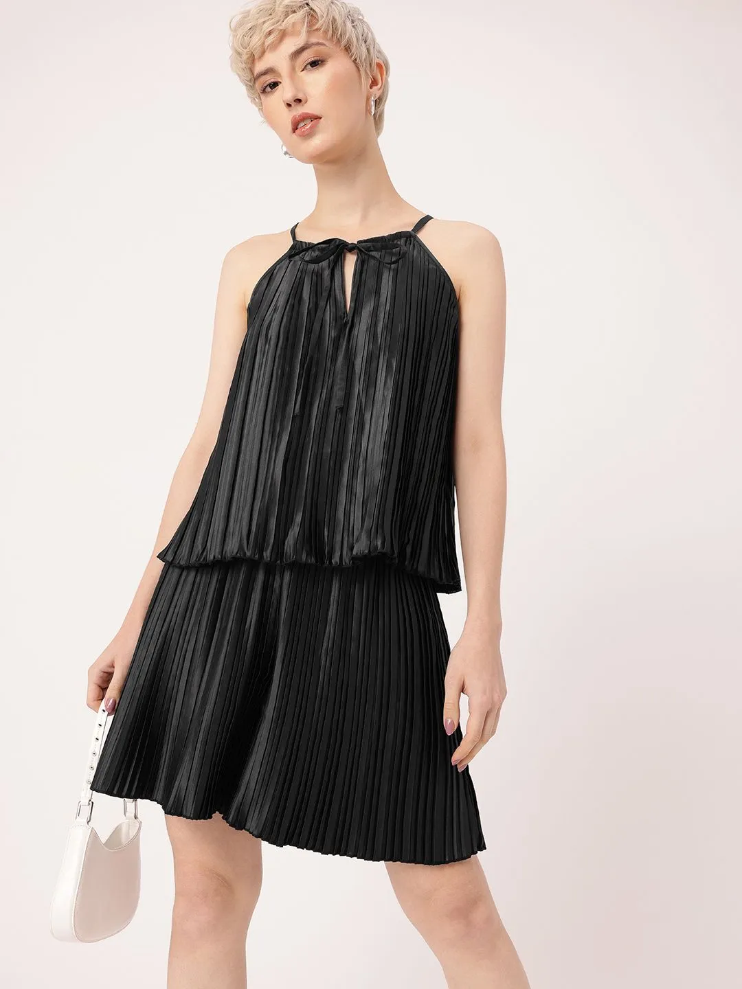 DressBerry Delightful Grace Accordion Pleats Tie-Up Neck Top With Flared Shorts Co-Ords