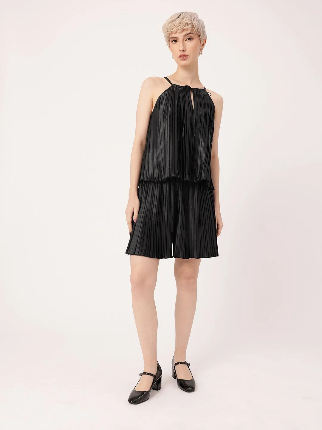 DressBerry Delightful Grace Accordion Pleats Tie-Up Neck Top With Flared Shorts Co-Ords
