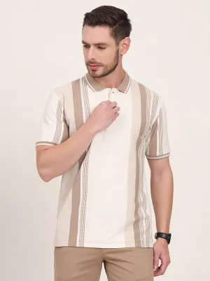 Ecru Melange & Beige Striped Slim Fit Polo T-Shirt | JadeBlue