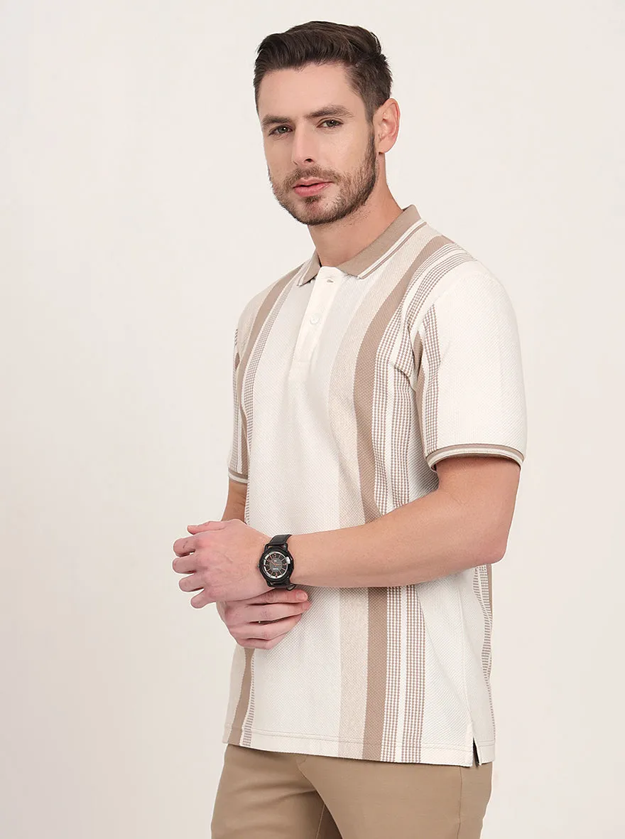 Ecru Melange & Beige Striped Slim Fit Polo T-Shirt | JadeBlue