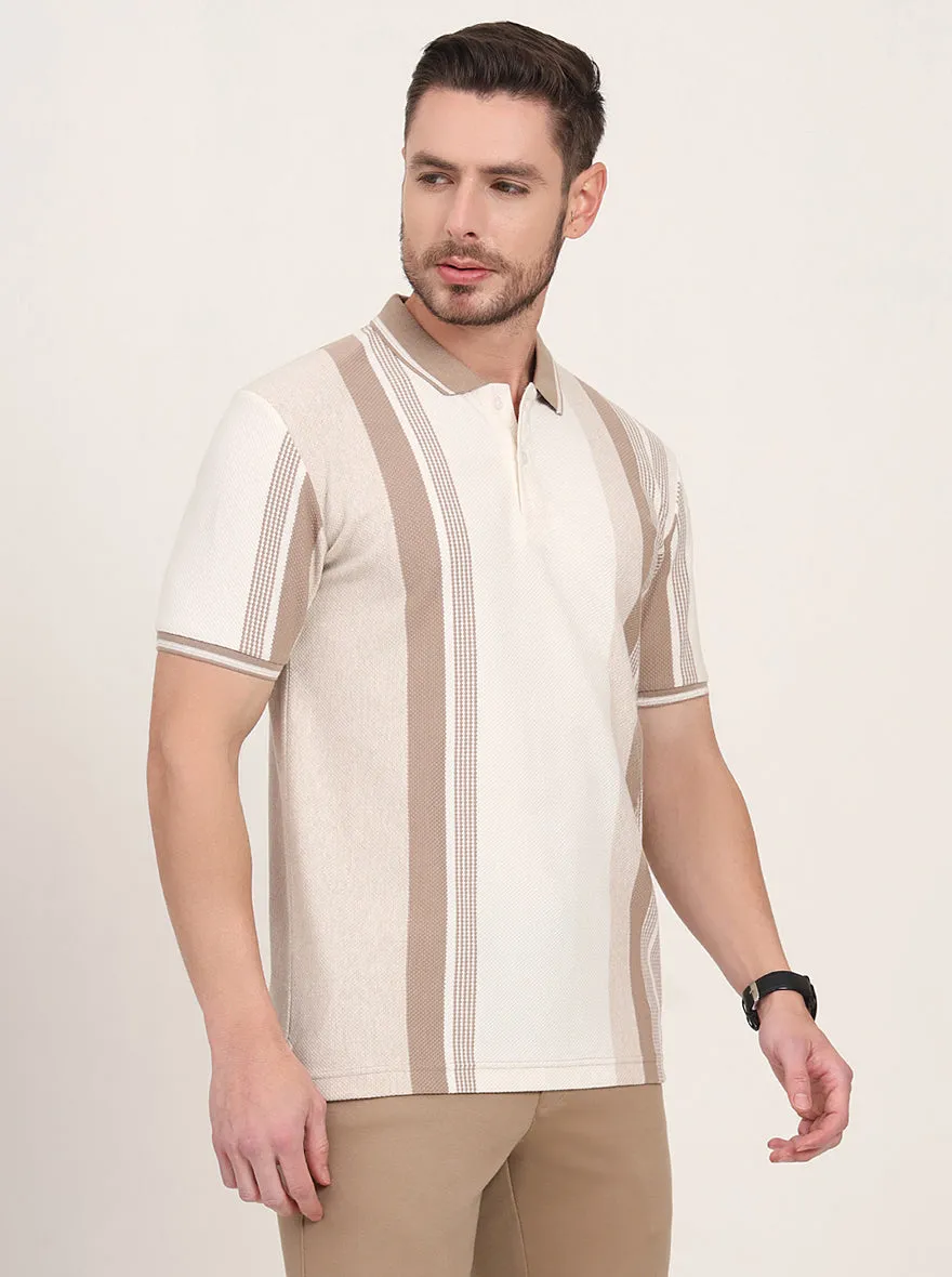 Ecru Melange & Beige Striped Slim Fit Polo T-Shirt | JadeBlue